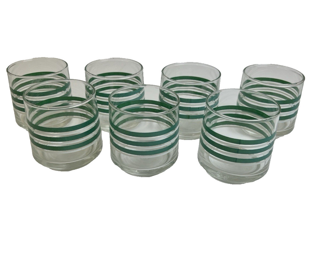 Vintage Green & White Stripe Libbey Glass 3"H Tumbler Drinkware Barware Retro